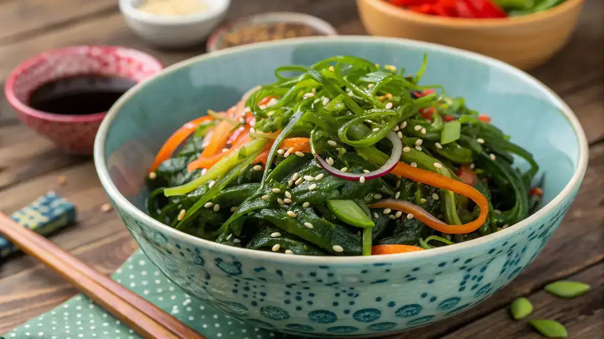 A bowl of seaweed salad with wakame, green onions, and sesame seeds on a wooden table.