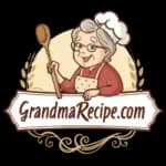 Illustration of a smiling grandma in a chef hat and apron, holding a wooden spoon, with the text GrandmaRecipe.com below her.
