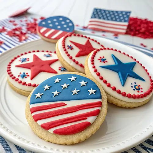 Sugar cookies decorated with red and blue stars, dots, and American flag-inspired icing, displayed on a white plate with patriotic-themed decorations in the background.