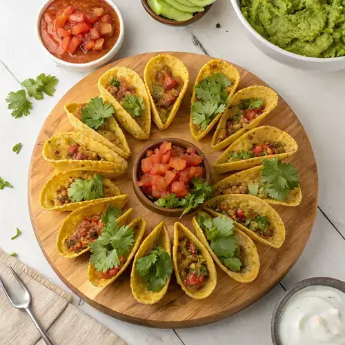 A beautifully arranged taco dinner board with taco shells, toppings, and dips on a wooden serving board.