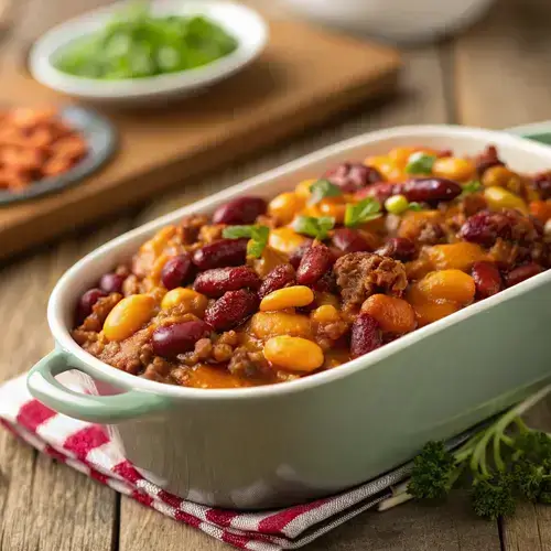 Photorealistic image of bubbling calico beans casserole on a rustic wooden table, with steam rising and a shallow depth of field.