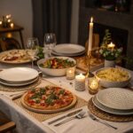 A candlelit dinner table set with a pizza, salad, rice, and various dishes, creating a warm and inviting atmosphere.