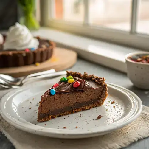 Rich chocolate pie slice with gummy worms on a rustic plate, set against a softly lit kitchen background.