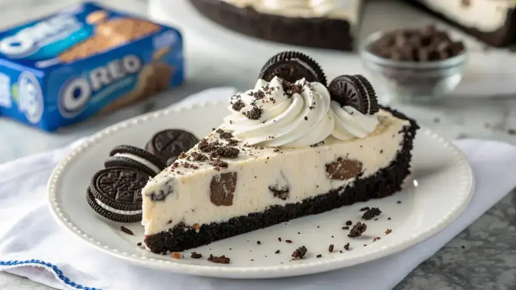 Close-up of a slice of no-bake Oreo cream pie on a glossy white plate, showcasing its dark chocolate crumb crust and creamy filling with Oreo pieces.