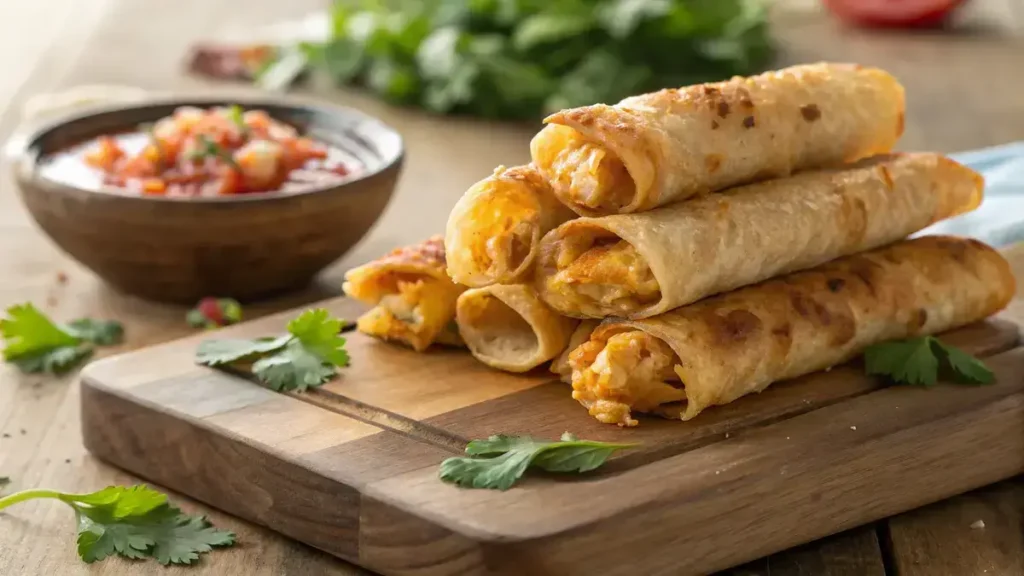 Close-up of golden-brown chicken cheese taquitos with melted cheese on a rustic wooden board.