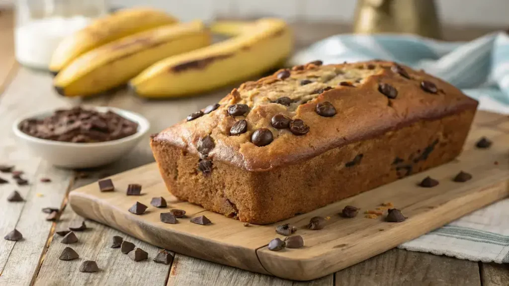 Close-up of a freshly baked chocolate chip banana bread loaf with a golden-brown crust and melted chocolate chips, set on a rustic wooden table.