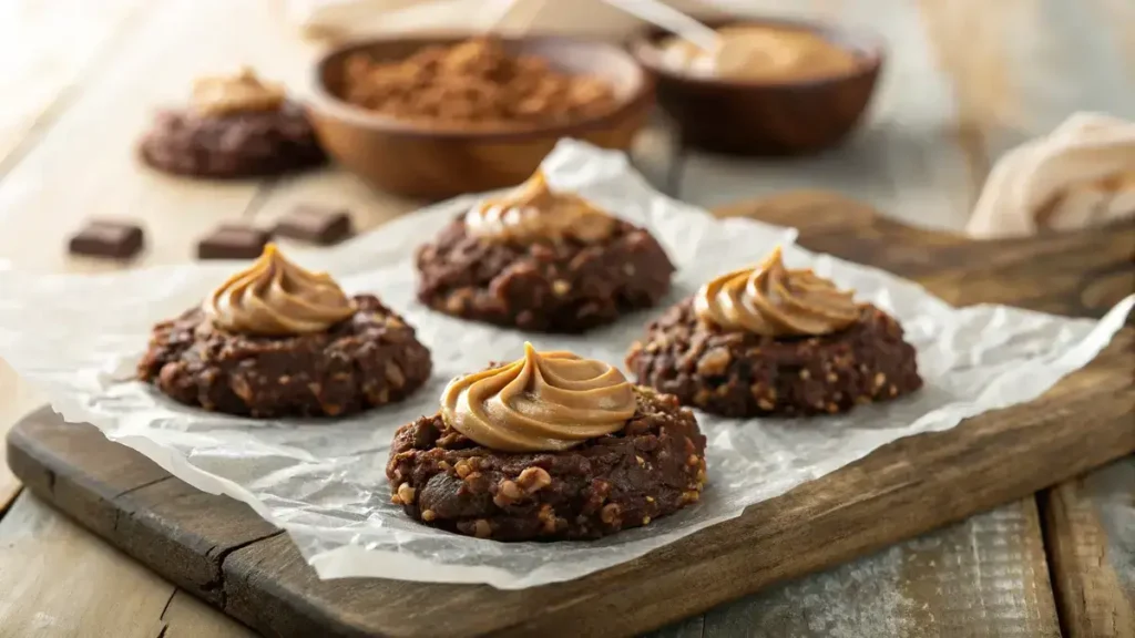 Close-up of chocolate peanut butter no-bake cookies on wax paper with a rustic wooden background.