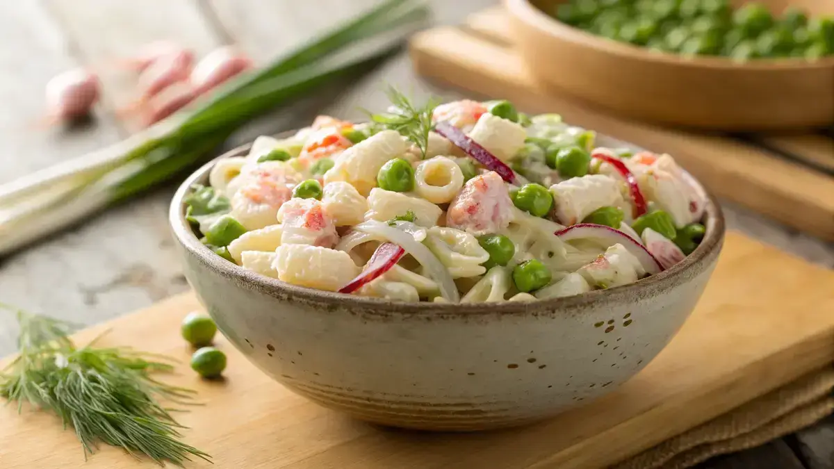 Close-up of creamy crab pasta salad in a rustic bowl, showcasing shell pasta, imitation crab, and fresh vegetables.