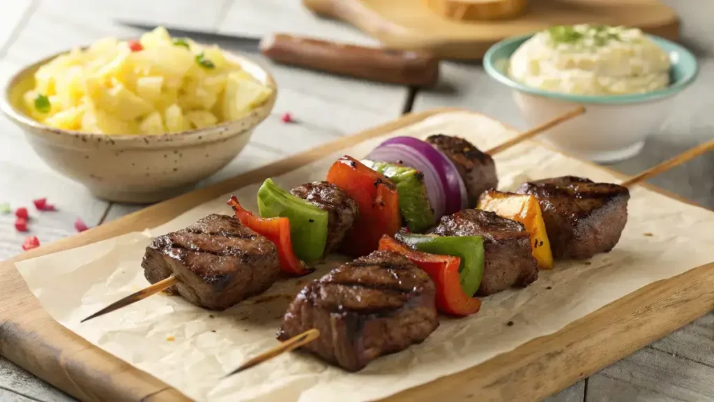 Close-up of grilled beef kabobs with colorful bell peppers and onions on a rustic wooden board.