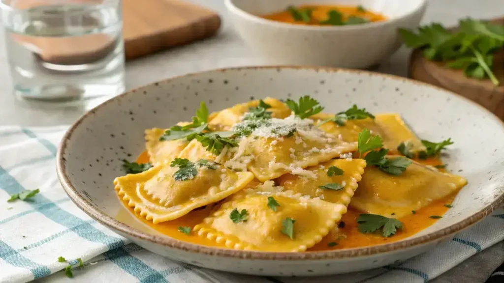Close-up of lobster ravioli in creamy orange sauce, garnished with parsley and cheese on a rustic plate.