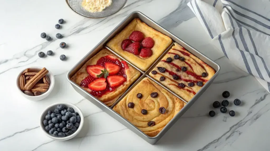 Overhead view of a 9x13 sheet pan filled with golden-brown pancakes, divided into four sections with different toppings including strawberry jam, chocolate chips, blueberries, and cinnamon sugar.