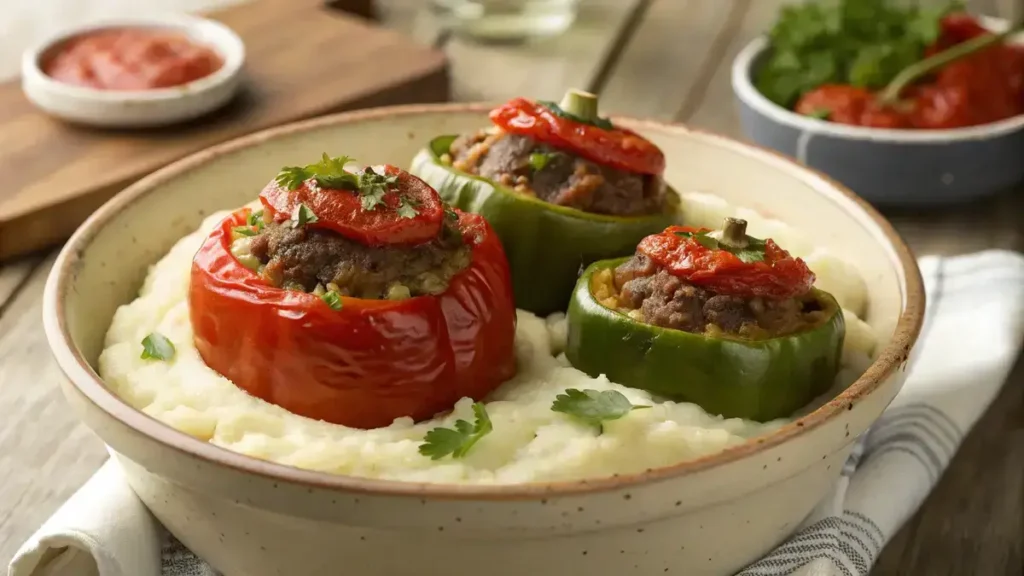 Close-up of meatloaf-stuffed bell peppers on mashed potatoes, showcasing vibrant colors and textures.