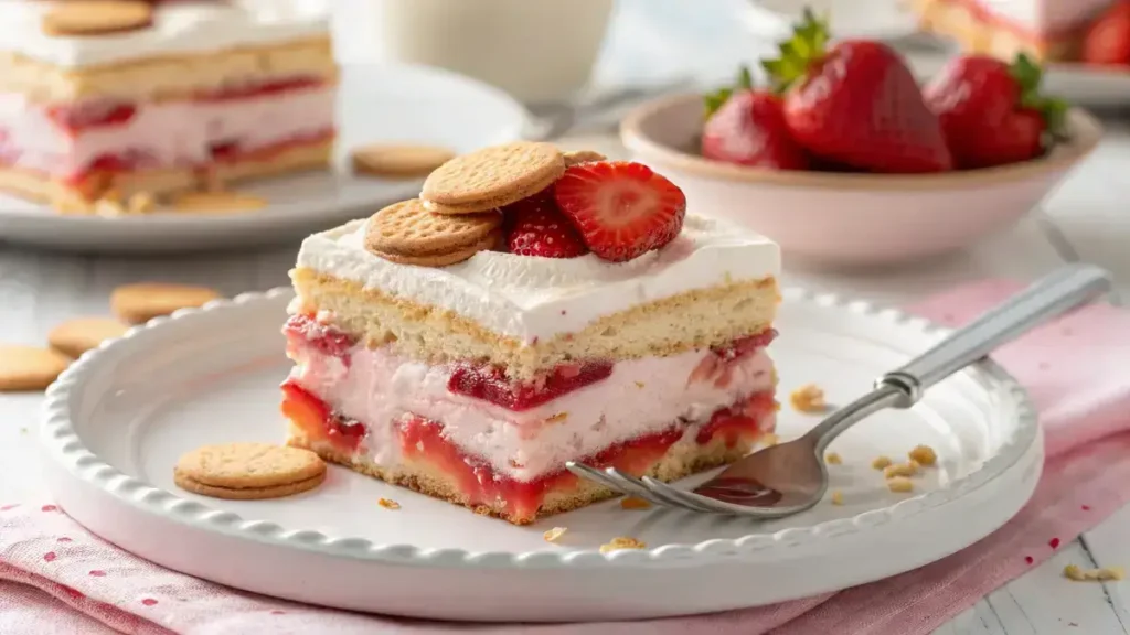 Close-up of a slice of strawberry shortcake icebox cake on a white plate with a silver fork, showcasing layers of strawberry cheesecake and fresh strawberries.