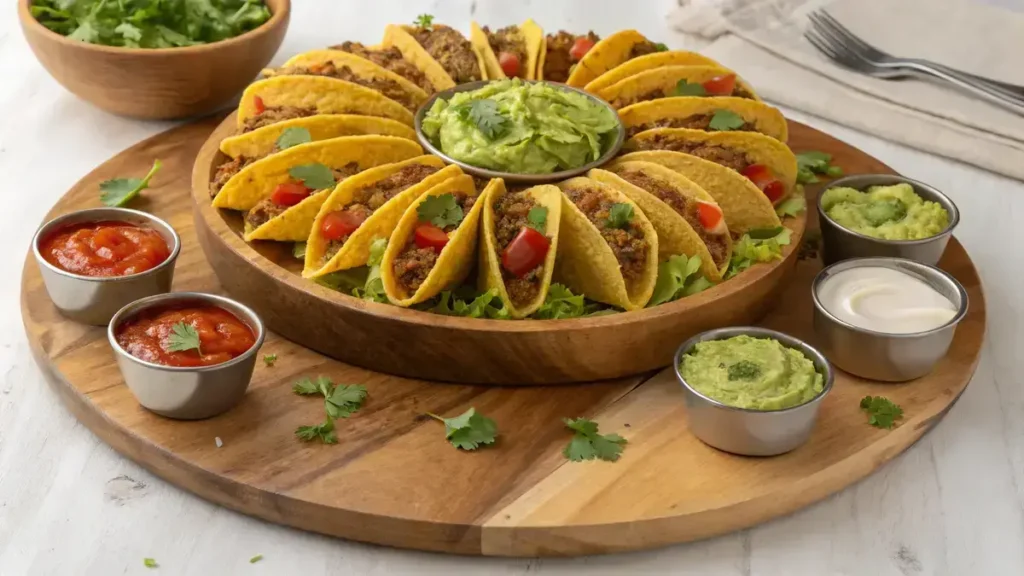 Top-down view of a taco dinner board featuring golden taco shells filled with ground turkey and cheese, surrounded by various toppings and dips.