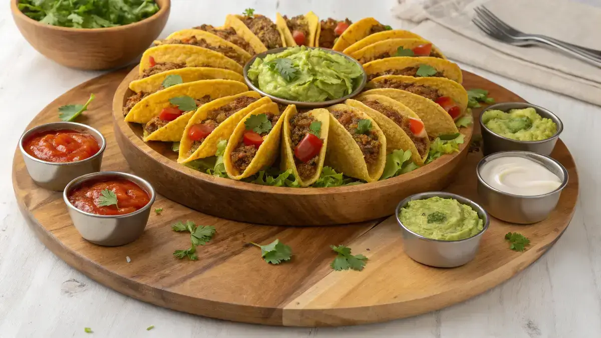 Top-down view of a taco dinner board featuring golden taco shells filled with ground turkey and cheese, surrounded by various toppings and dips.