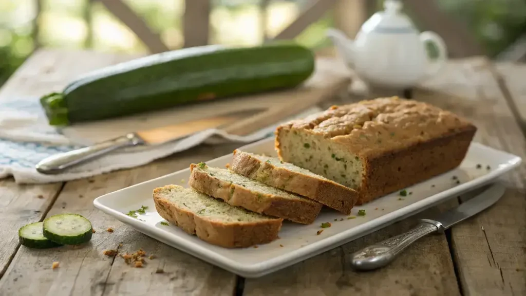 Close-up of a freshly baked zucchini bread loaf with slices on a white plate, showcasing its moist texture and golden-brown crust.