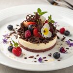 A gourmet dessert topped with fresh berries, chocolate shavings, and edible flowers on a white plate.