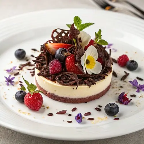 A gourmet dessert topped with fresh berries, chocolate shavings, and edible flowers on a white plate.