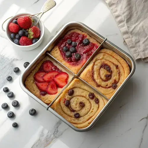 A rectangular metal sheet pan with fluffy pancakes topped with strawberries, chocolate chips, blueberries, and cinnamon sugar, set on a marble countertop.