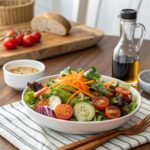 A bowl of colorful garden salad with sliced cucumbers, cherry tomatoes, carrots, and lettuce on a wooden table with dressing and bread in the background.