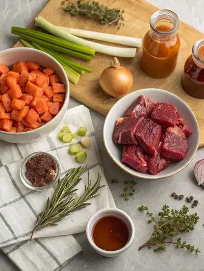A cozy kitchen table filled with fresh ingredients for a Beef Cheek Meat recipe, featuring beef cheek meat, chopped onion, carrots, celery, minced garlic, beef broth, tomato paste, olive oil, and dried herbs.