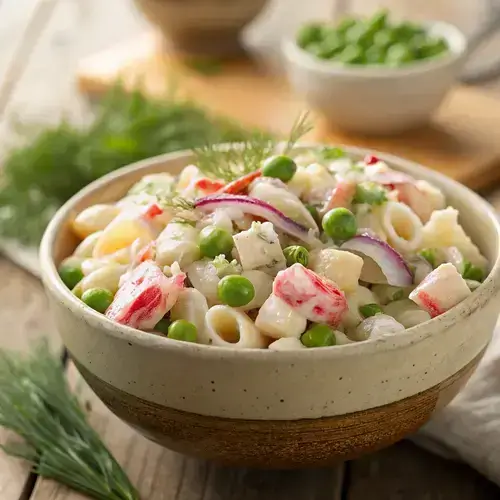 Rustic ceramic bowl filled with crab pasta salad, highlighting the textures of pasta and fresh ingredients.