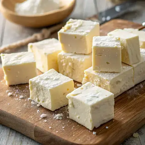 Artistic arrangement of soft India cottage cheese cubes with a lemon slice and glass of lemon juice in the background.