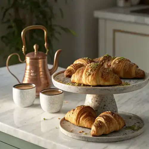 Close-up of flaky Gipfeli croissants on a ceramic stand, with natural light highlighting their texture and a cozy kitchen ambiance in the background.