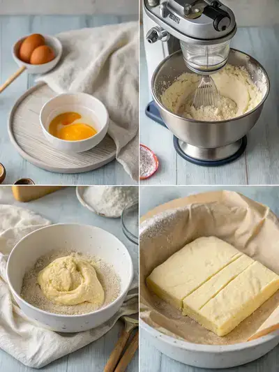 Step-by-step process of making Gipfeli, including blooming yeast, mixing ingredients, resting dough, and preparing butter.