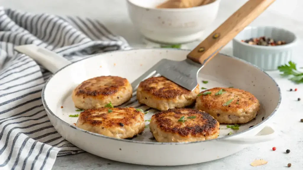 Close-up of golden-brown chicken breakfast sausage patties in a skillet, with a spatula lifting one to reveal its juicy interior.