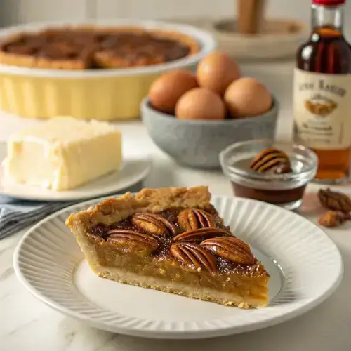 A slice of pecan pie on a ceramic plate with a soft focus on ingredients like butter and brown sugar in the background.