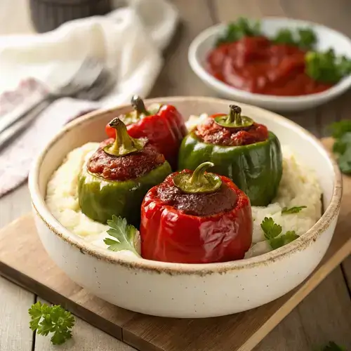 Four colorful bell peppers filled with meatloaf, served with mashed potatoes in a rustic bowl.