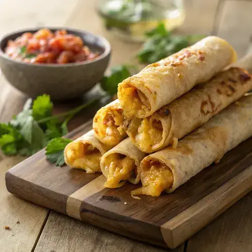 Photorealistic image of chicken cheese taquitos with oozing cheese and colorful salsa in the background.