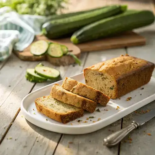 A rustic scene featuring zucchini bread slices on a ceramic plate with fresh zucchinis in the background.