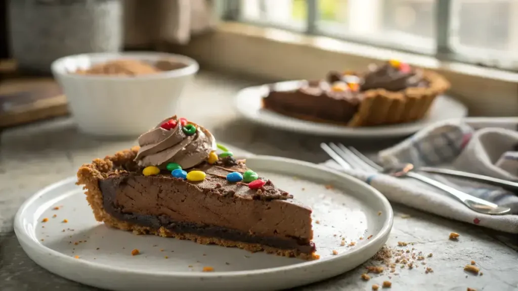Close-up of a slice of Oreo Dirt Pie on a rustic white plate, featuring a dark cookie crust and colorful gummy worms on top.
