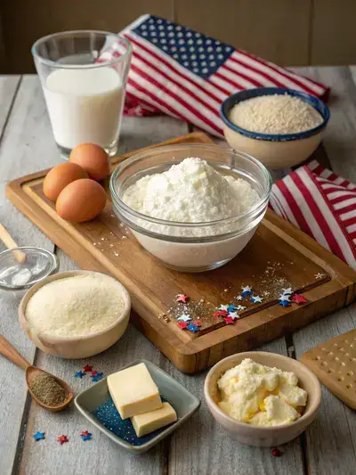 A display of ingredients for 4th of July sugar cookies on a wooden kitchen table, including flour, sugar, butter, eggs, and colorful sprinkles.