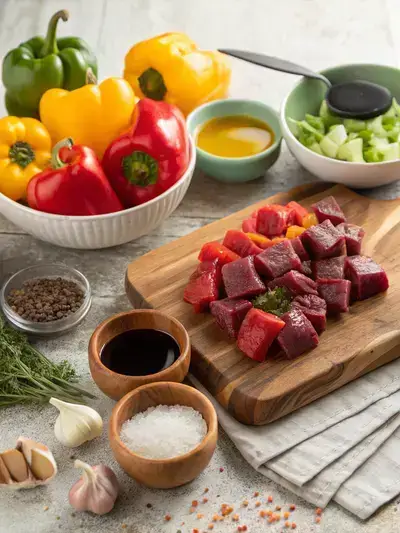 Fresh ingredients for beef kabobs displayed on a rustic kitchen table.