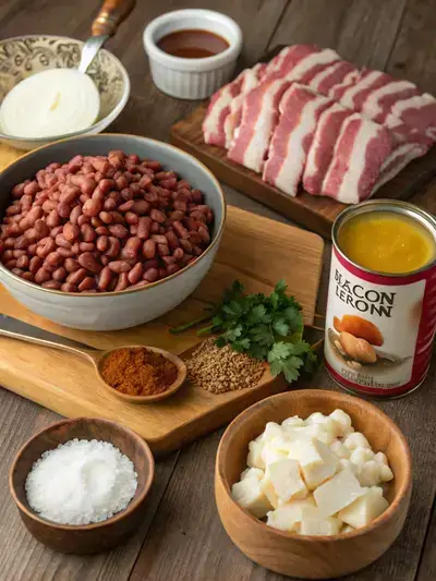 A display of ingredients for Calico Beans on a kitchen table, including ground beef, bacon, onion, brown sugar, apple cider vinegar, mustard, salt, pepper, ketchup, butter beans, kidney beans, and baked beans.