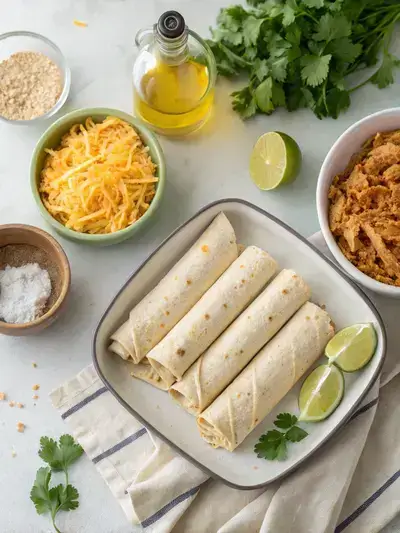 Ingredients for Chicken Cheese Taquitos displayed on a kitchen table, including tortillas, shredded chicken, cheese, spices, and garnishes.