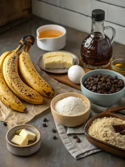 A collection of ingredients for chocolate chip banana bread, including ripe bananas, melted butter, sugar, an egg, vanilla extract, baking soda, salt, flour, and mini chocolate chips, arranged on a rustic kitchen table.