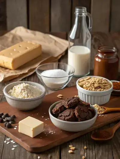 Ingredients for Chocolate Peanut Butter Cookies displayed on a rustic wooden table.