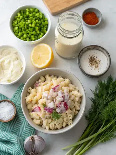 Ingredients for Crab Pasta Salad displayed on a kitchen table, including pasta, mayonnaise, vegetables, and seasonings.