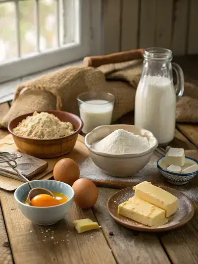 A rustic kitchen table displaying various ingredients for Gipfeli, including yeast, milk, flour, sugar, salt, an egg, butter, and more, all arranged invitingly.