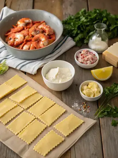 Ingredients for lobster ravioli displayed on a rustic kitchen table, including pasta sheets, lobster meat, cheeses, and seasonings.