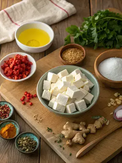 A vibrant arrangement of ingredients for India cottage cheese on a wooden kitchen table, showcasing fresh vegetables and spices.