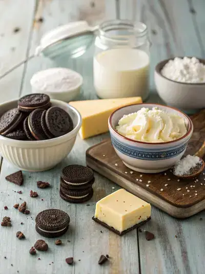 Ingredients for No Bake Oreo Cream Pie displayed on a wooden kitchen table, including whole Oreo cookies, melted butter, cream cheese, powdered sugar, whipped topping, and chopped Oreo pieces.