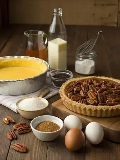 A collection of ingredients for pecan pie arranged on a wooden table, including pie crust, butter, sugars, corn syrup, vanilla extract, orange zest, salt, eggs, and pecans.