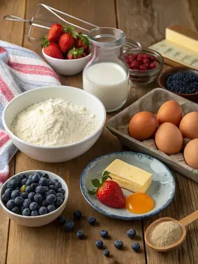 Fresh ingredients for sheet pan pancakes displayed on a rustic kitchen table, including flour, sugars, eggs, milk, butter, vanilla, and fresh fruits.