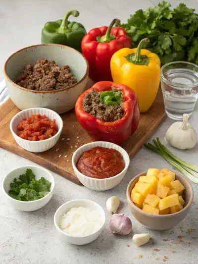 Fresh ingredients for Slow Cooker Meatloaf Stuffed Peppers displayed on a kitchen table.