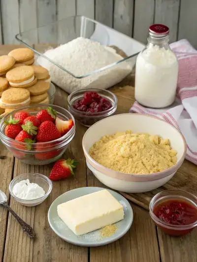 A display of ingredients for Strawberry Shortcake Icebox Cake on a wooden kitchen table, including cookies, cream, strawberries, and more.